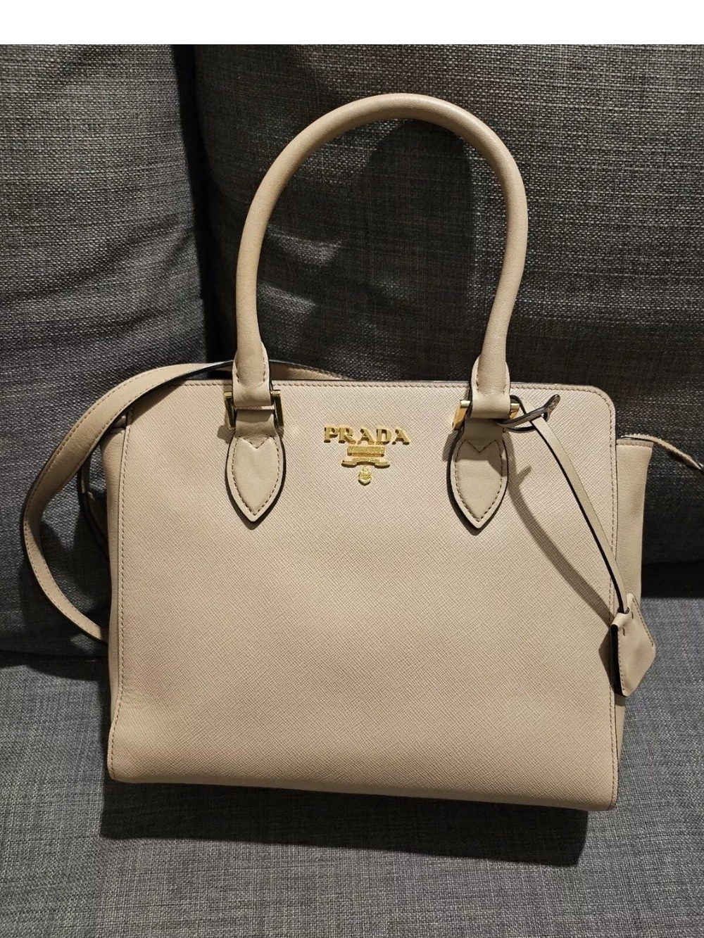 Prada Beige Saffiano Leather Satchel with Gold Hardware